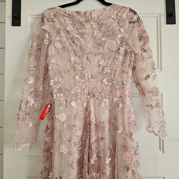 Mac Duggal 70224 Rose Pink Floral Applique Long Sleeve Gown Dress Mesh Size 8 - Picture 8 of 11